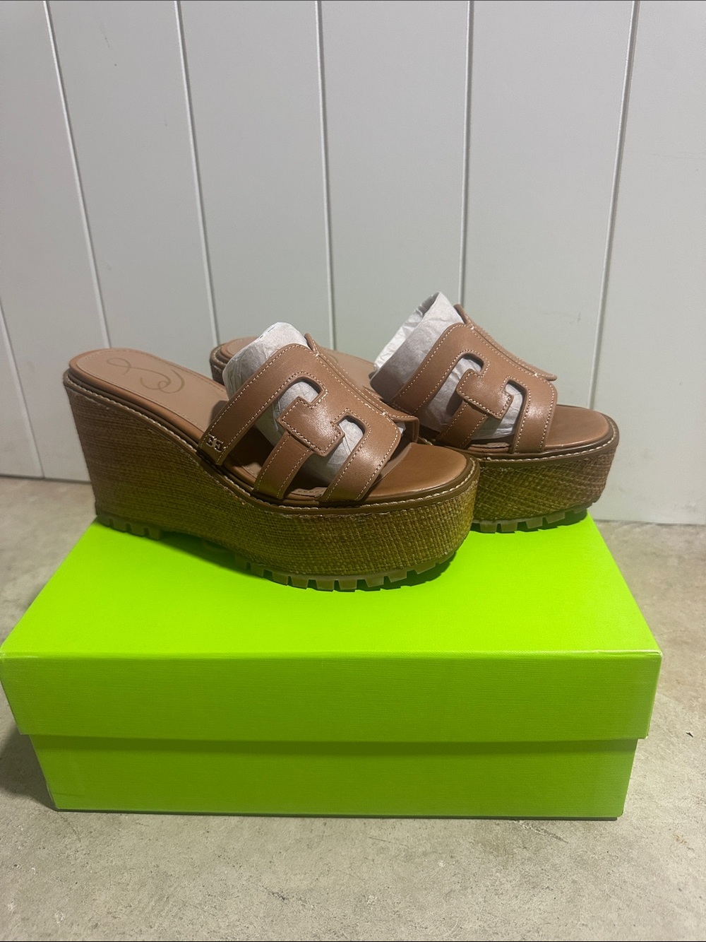 Sam Edelman Brown Leather Platform Wedge Slide Sandals